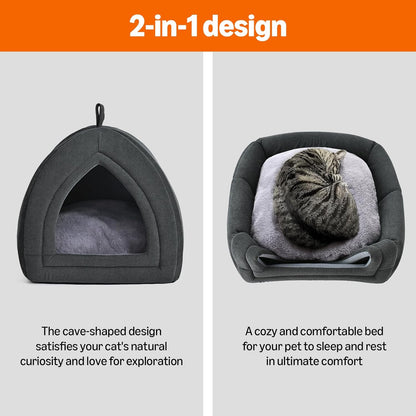Amazon Basics Cat Cave Bed, 2-in-1 Foldable House for Indoor Cats, with Washable Cushion and