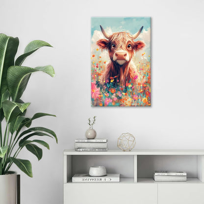 Highland Cow Wall Art Canvas Flower Cattle Wall Decor Prints Framed Painting Animal Pictures Gifts