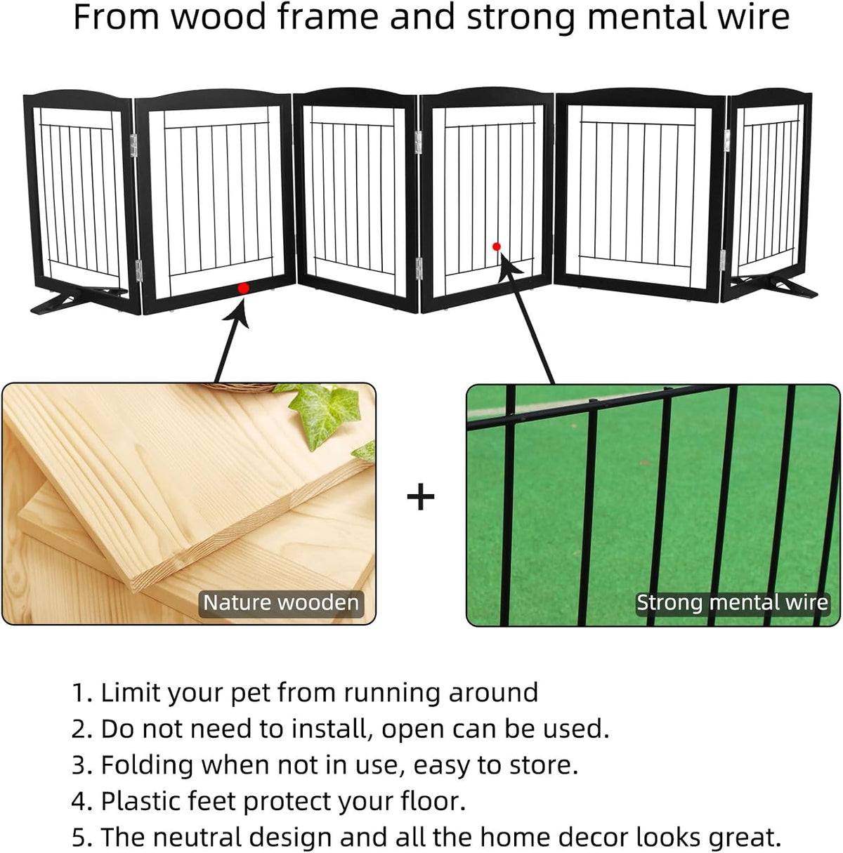 ZJSF Freestanding Dog Fence Indoor, Foldable Dog Gate for Doorways, Stairs or Hallways, Sturdy Wood
