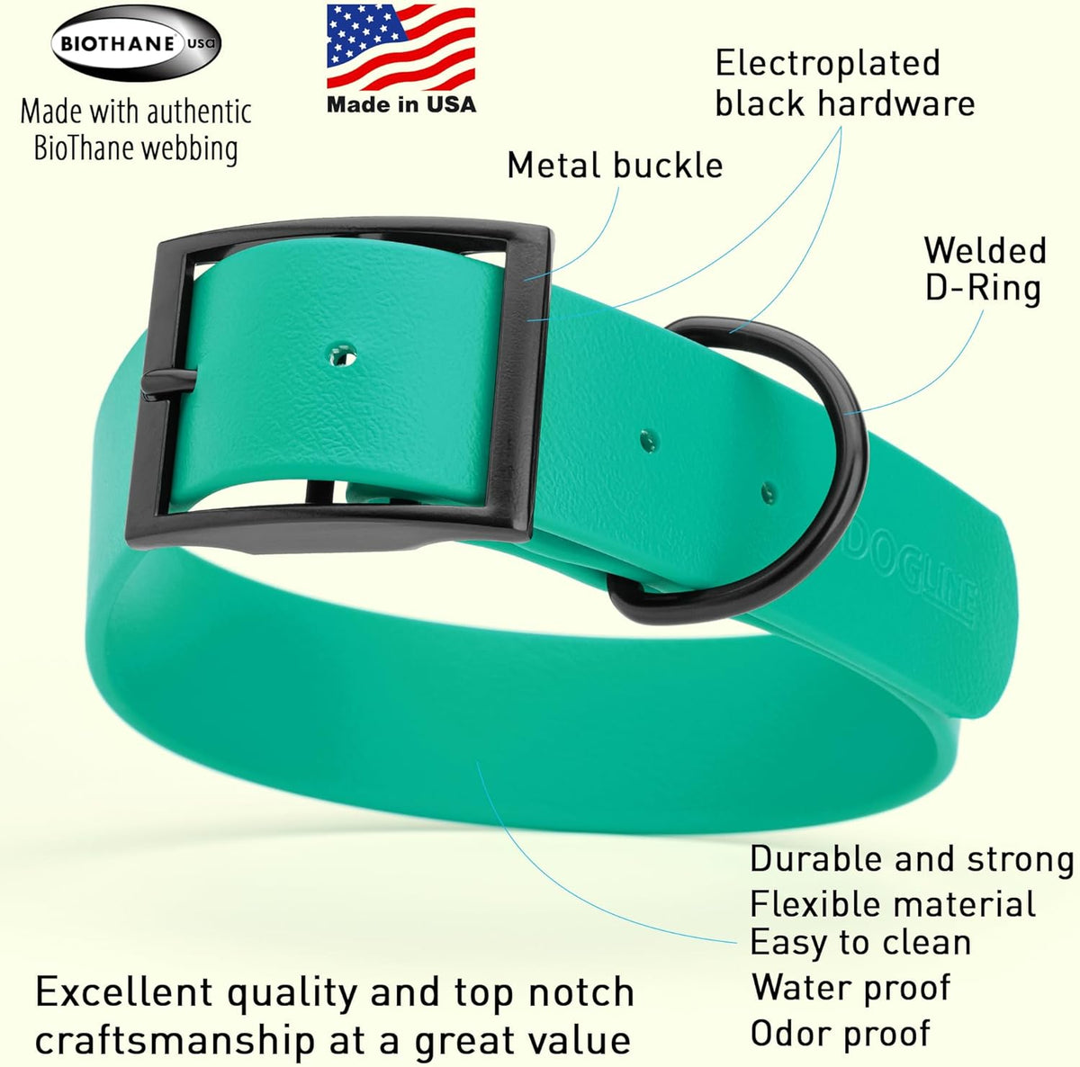 Dogline Biothane Waterproof Dog Collar Strong Coated Nylon Webbing with Black Hardware Odor- Proof