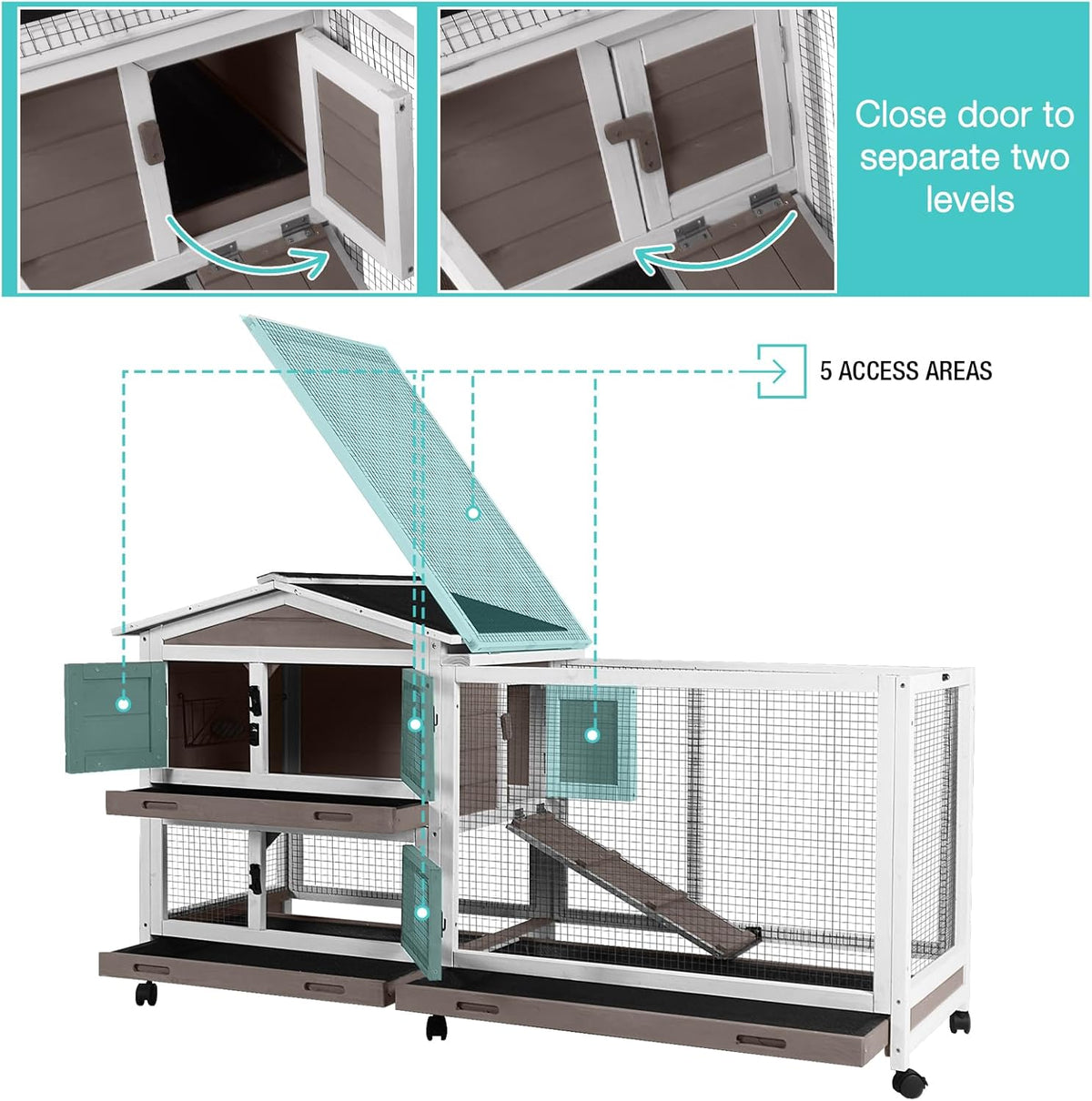 62" Rabbit Hutch with Chew-Proof Ramp & Waterproof Roof - Indoor/Outdoor Bunny Cage, 2-Story