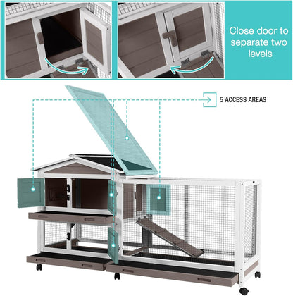 62" Rabbit Hutch with Chew-Proof Ramp & Waterproof Roof - Indoor/Outdoor Bunny Cage, 2-Story