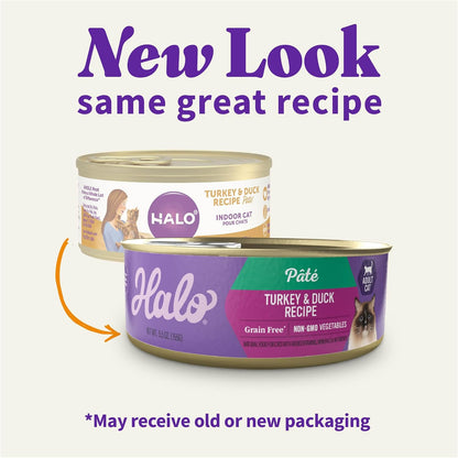 Halo Wet Cat Food Turkey & Duck Recipe, Grain Free Wet Cat Pate, Canned Cat Food for Extra