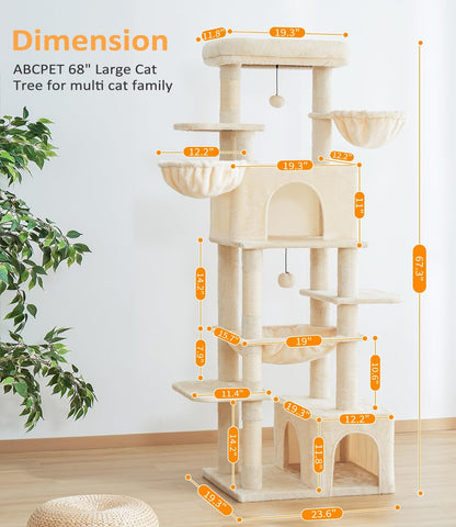 Cat Tree Large Cat Tower Tree 68" Multi-Level Cat Tower for Indoor Cats with Sisal Scratching