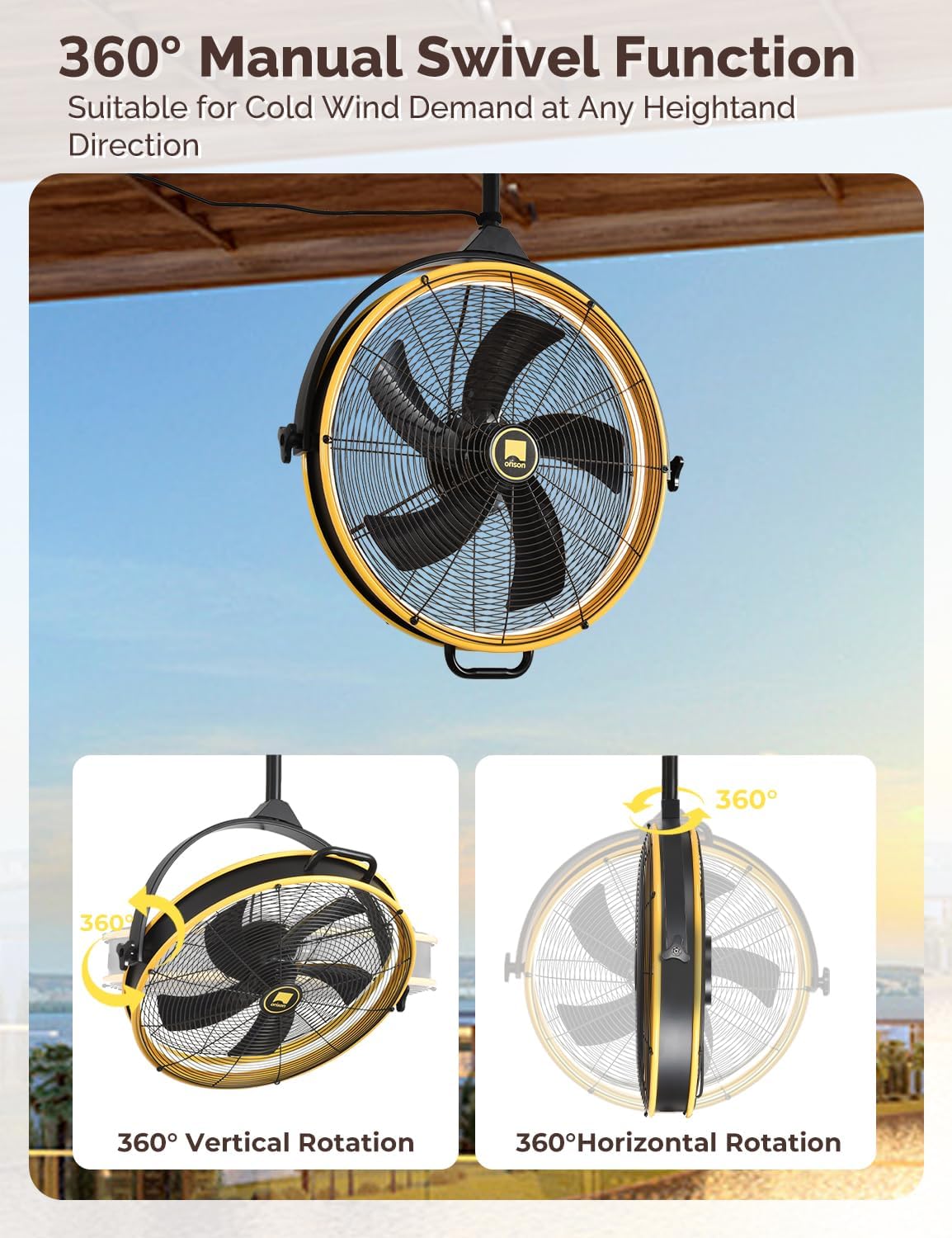 Orison 24.8'' Outdoor/Indoor Garage Ceiling Fan, 6 Speed Ceiling Mounted Plug-In Cord Garage Fan