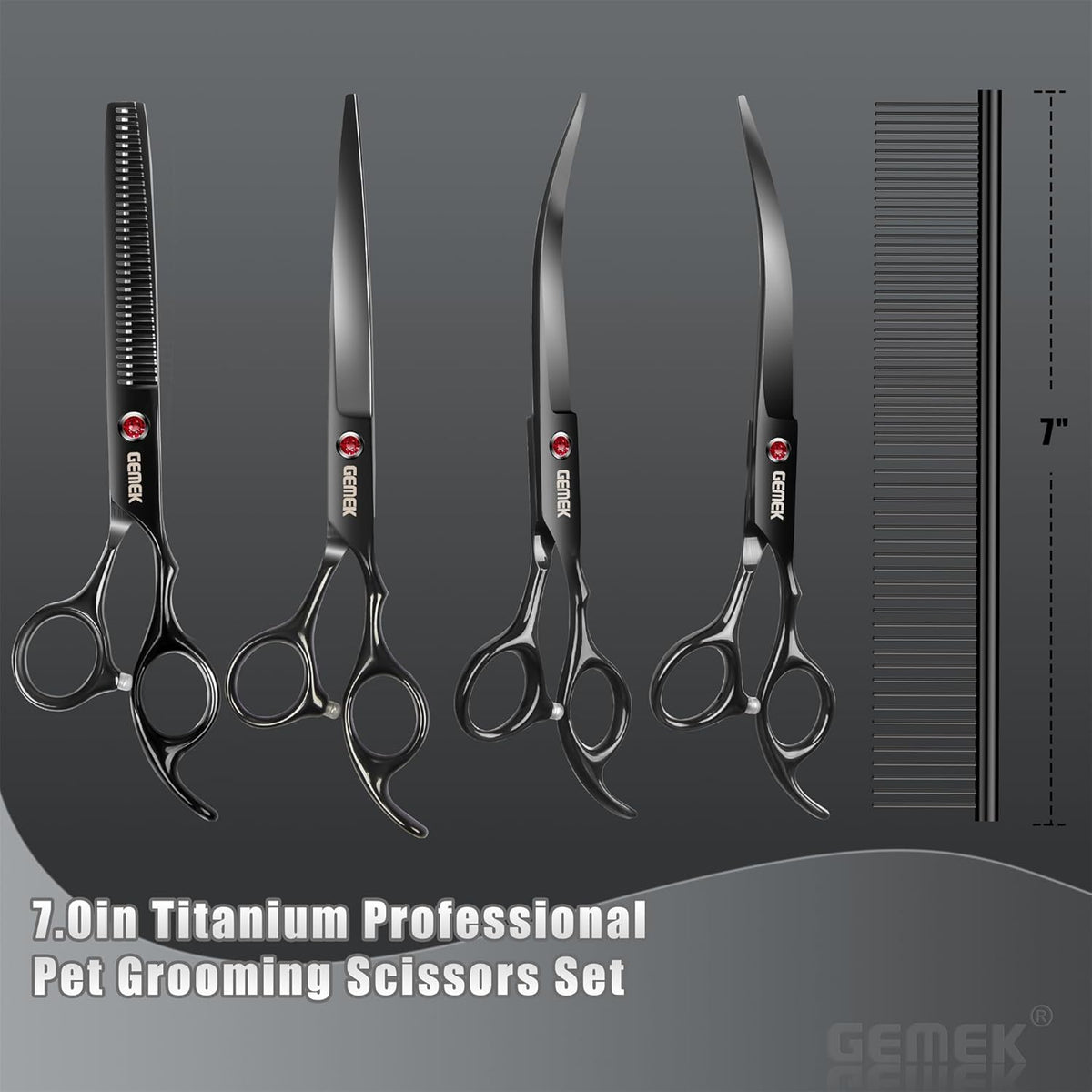 7.0in Titanium Professional Dog Grooming Scissors Set, GEMEK 6 in 1 Straight & Thinning & Upwards