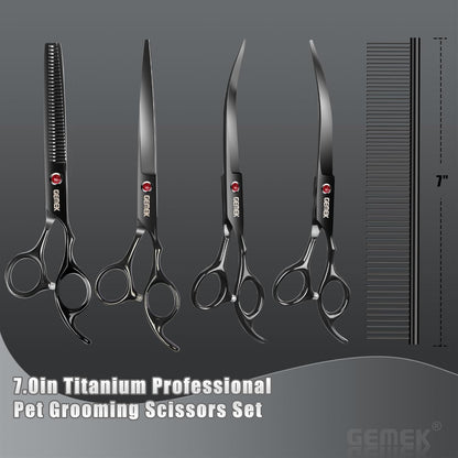 7.0in Titanium Professional Dog Grooming Scissors Set, GEMEK 6 in 1 Straight & Thinning & Upwards