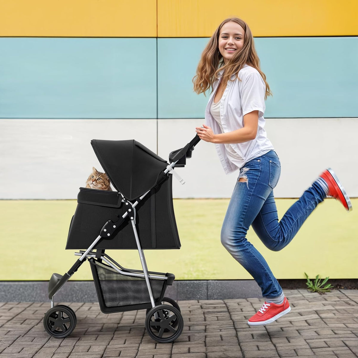 MoNiBloom Foldable Pet Stroller with Weather Cover, 3 Wheels Pet Strolling Cart for Small/Medium