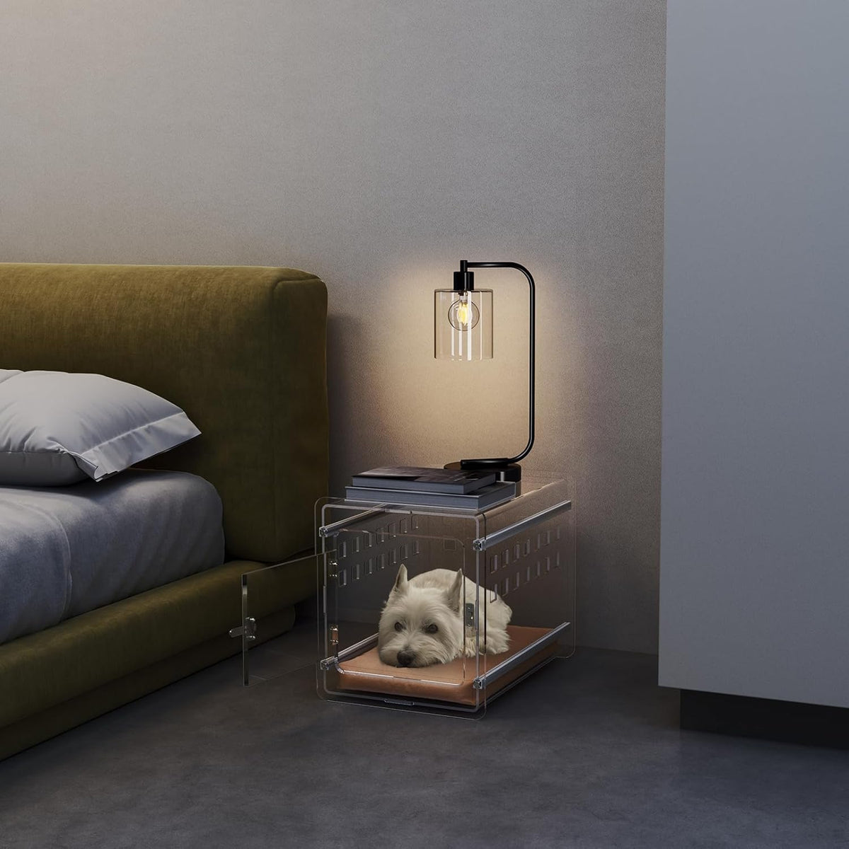 Sumerflos Clear Acrylic Dog Crate - Modern Dog Kennel Furniture, Indoor End Table Dog Crate