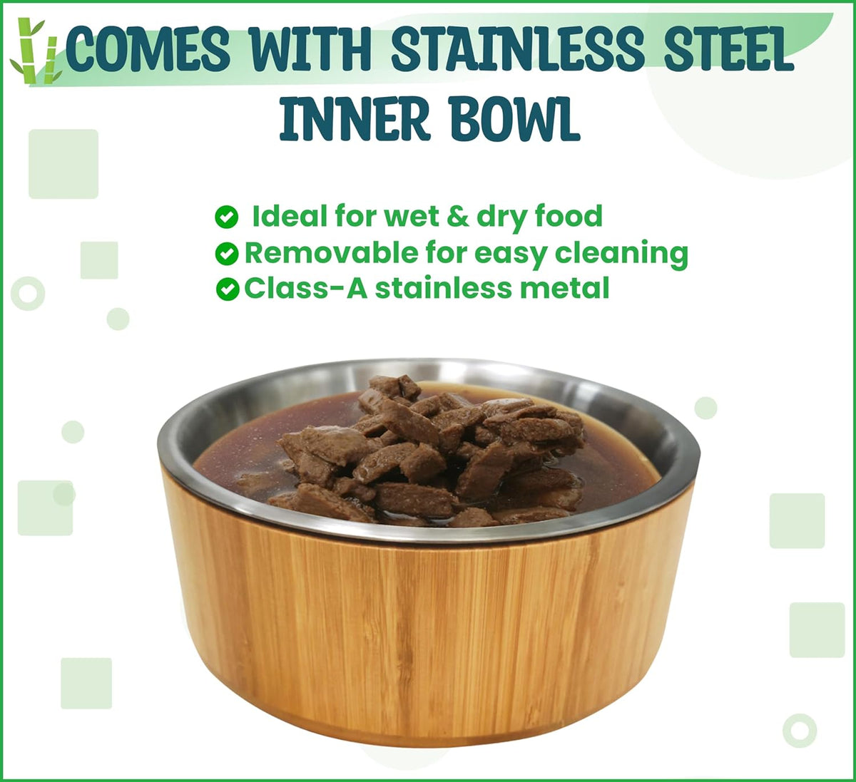 Dog Bowls Elevated, 12-inch High, 5-Cup Cap - Set of Bamboo Holder, Stainless Inner Dish and Stand