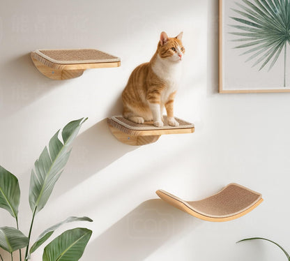 Wood Cat Wall Bed with Sisal Mat – Curved Cats Shelf for Scratching and Sleeping, Wall Mounted Cat
