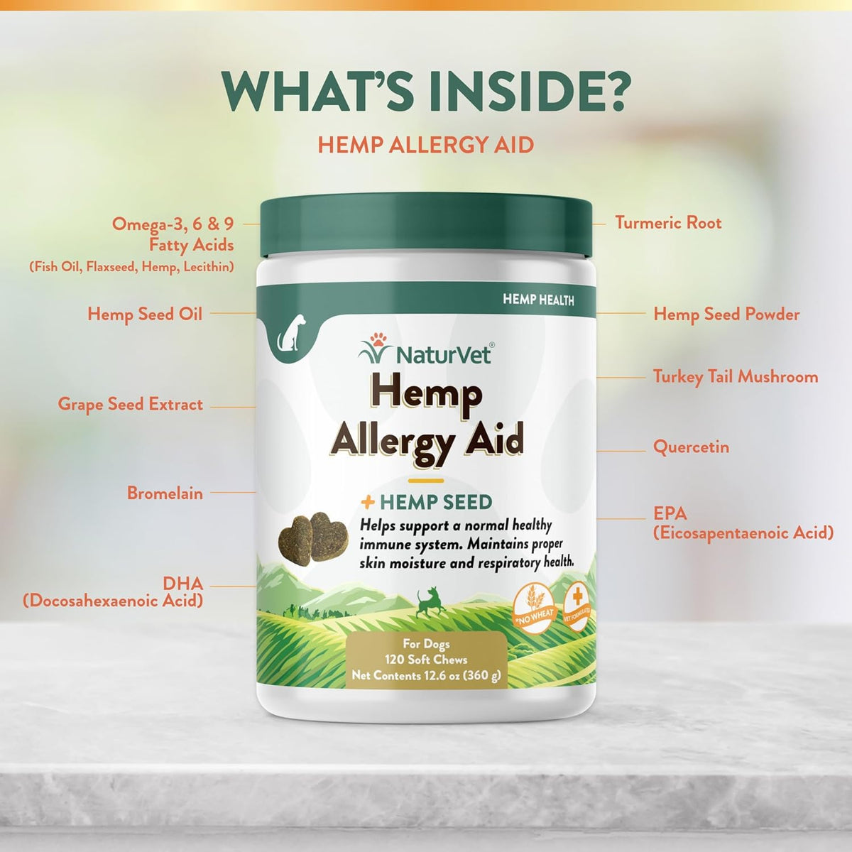 NaturVet Hemp Allergy Aid Supplement for Dogs, Hemp Seed, Antioxidants, Omegas, Dha & Epa for