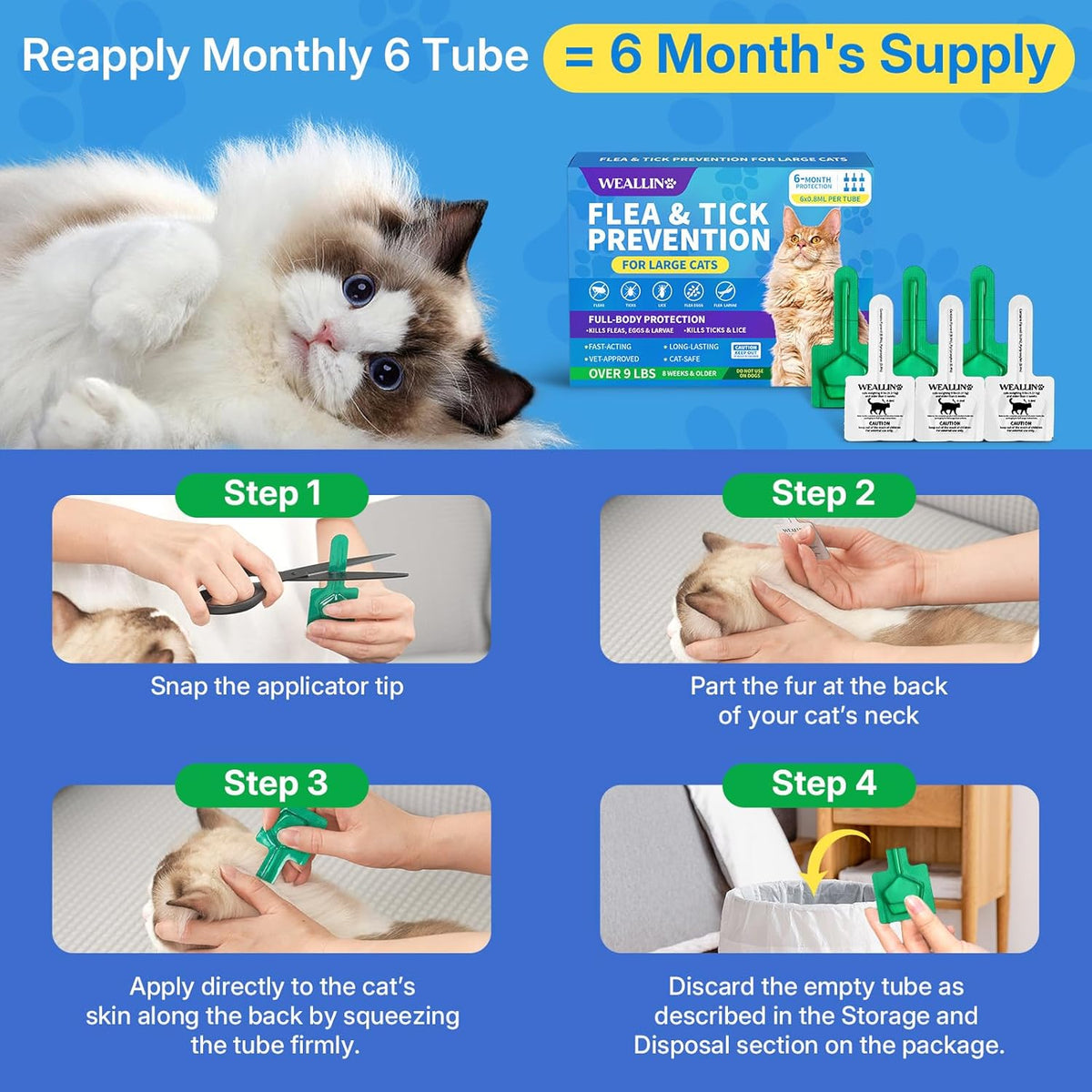 Flea and Tick Prevention for Large Cat, Fleas and Ticks Treatment for Cats Over 9 lbs, Topical Cat