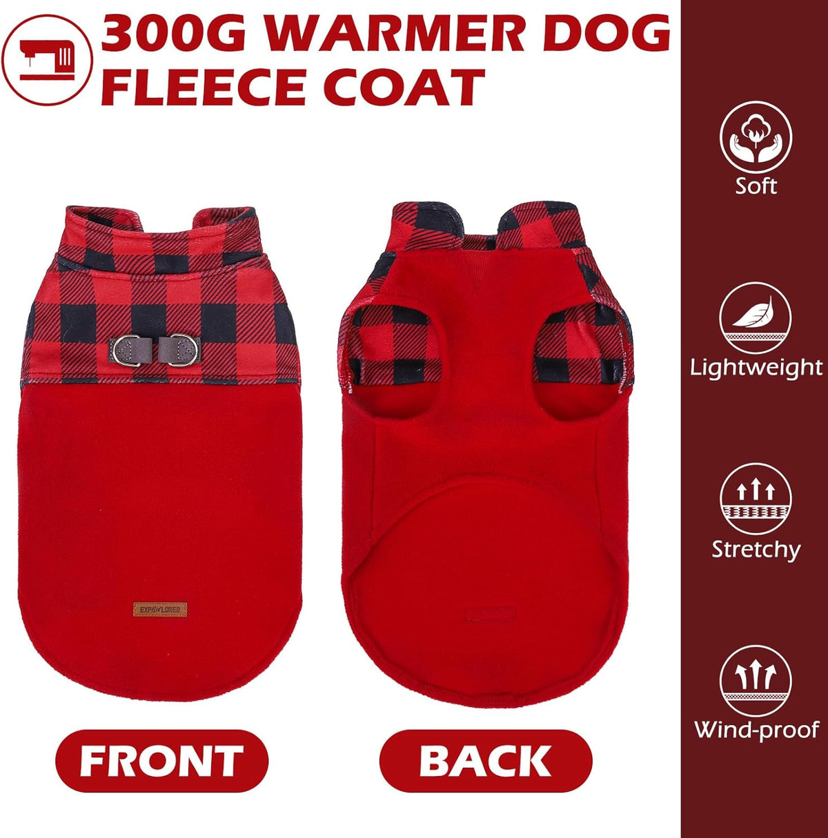 EXPAWLORER Fleece Dog Sweater for Small Medium Dogs - Classic Plaid Jacket, Doggie Winter Coat Vest