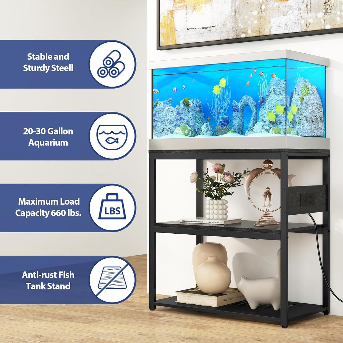 20-29 Gallon Fish Tank Stand with Power Outlets, 3-Tier Metal Aquarium Stand, Breeder Reptile Tank
