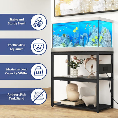 20-29 Gallon Fish Tank Stand with Power Outlets, 3-Tier Metal Aquarium Stand, Breeder Reptile Tank