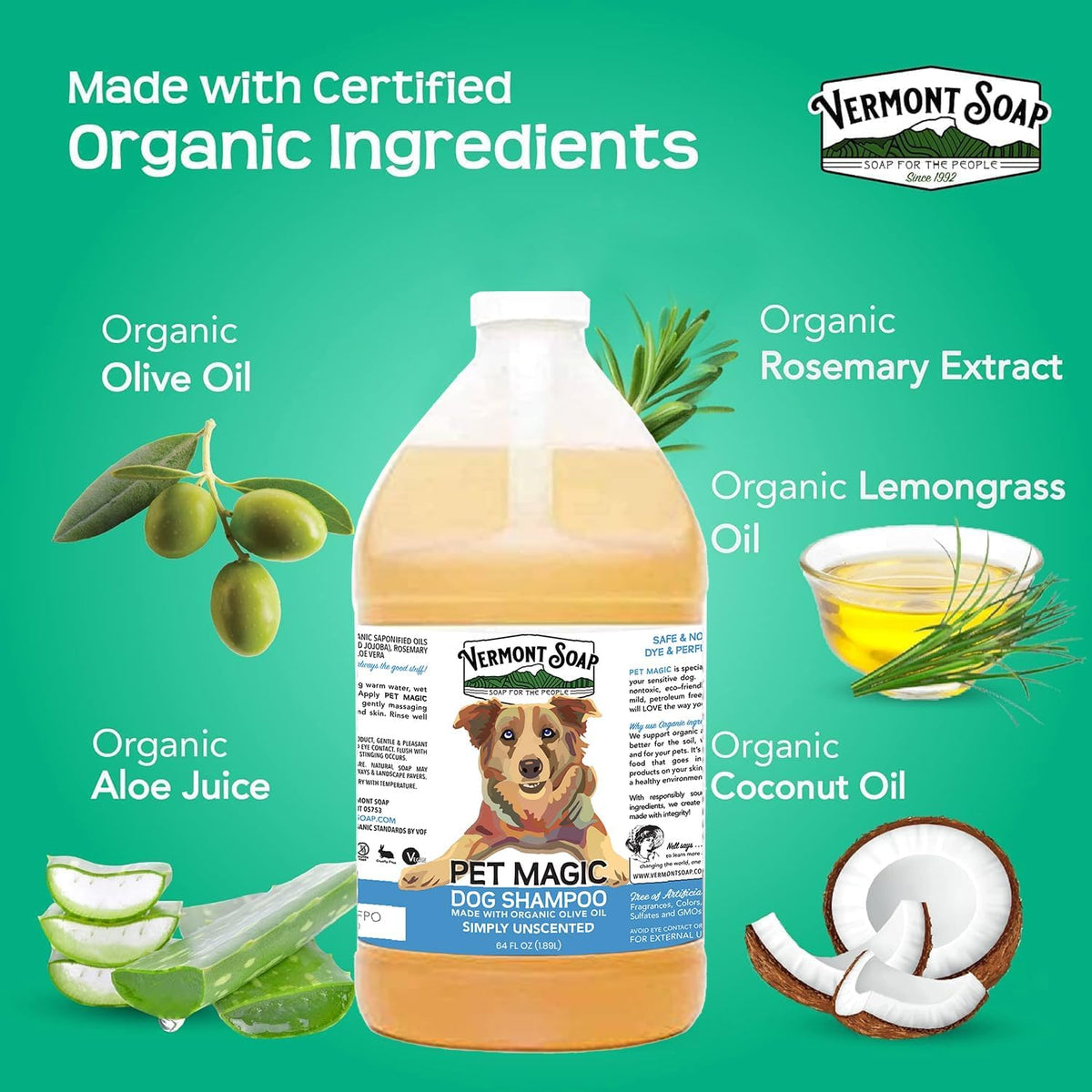 VERMONT SOAP Organics Pet Shampoo - Infused with Organic & Natural Olive Oil, Coconut & Aloe Vera