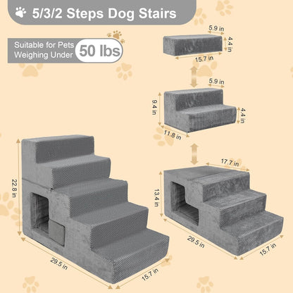 Dog Stairs for Small Dogs 23” H, 5-Step Dog Steps for High Bed, High-Density Foam Pet Stairs with