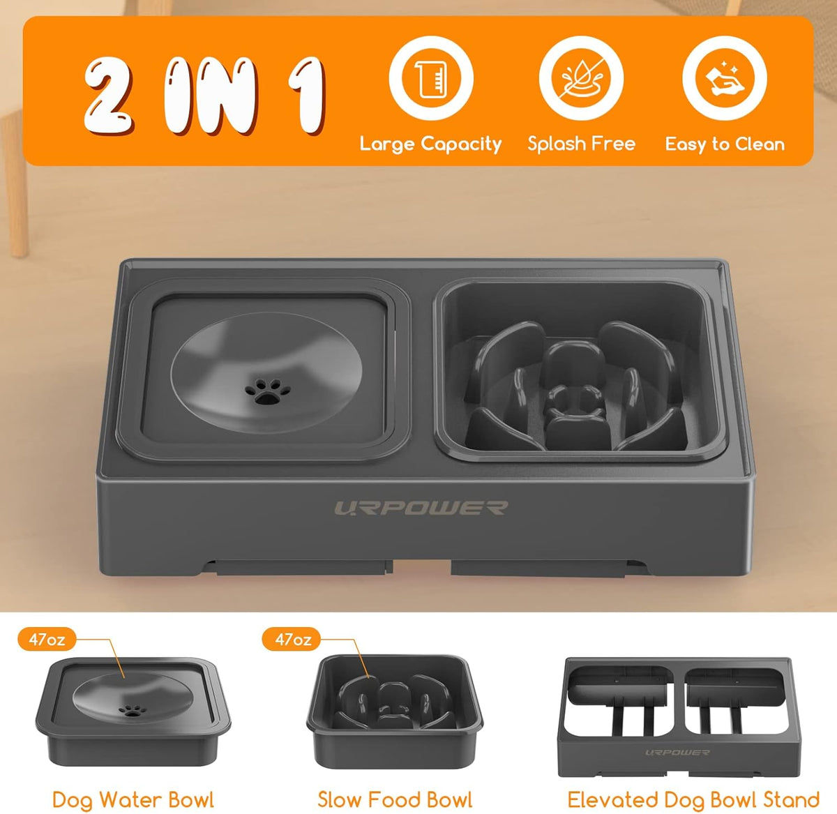 URPOWER 2-in-1 Elevated Slow Feeder with No Spill Dog Water Bowl 4 Height Adjustable Raised Bowl