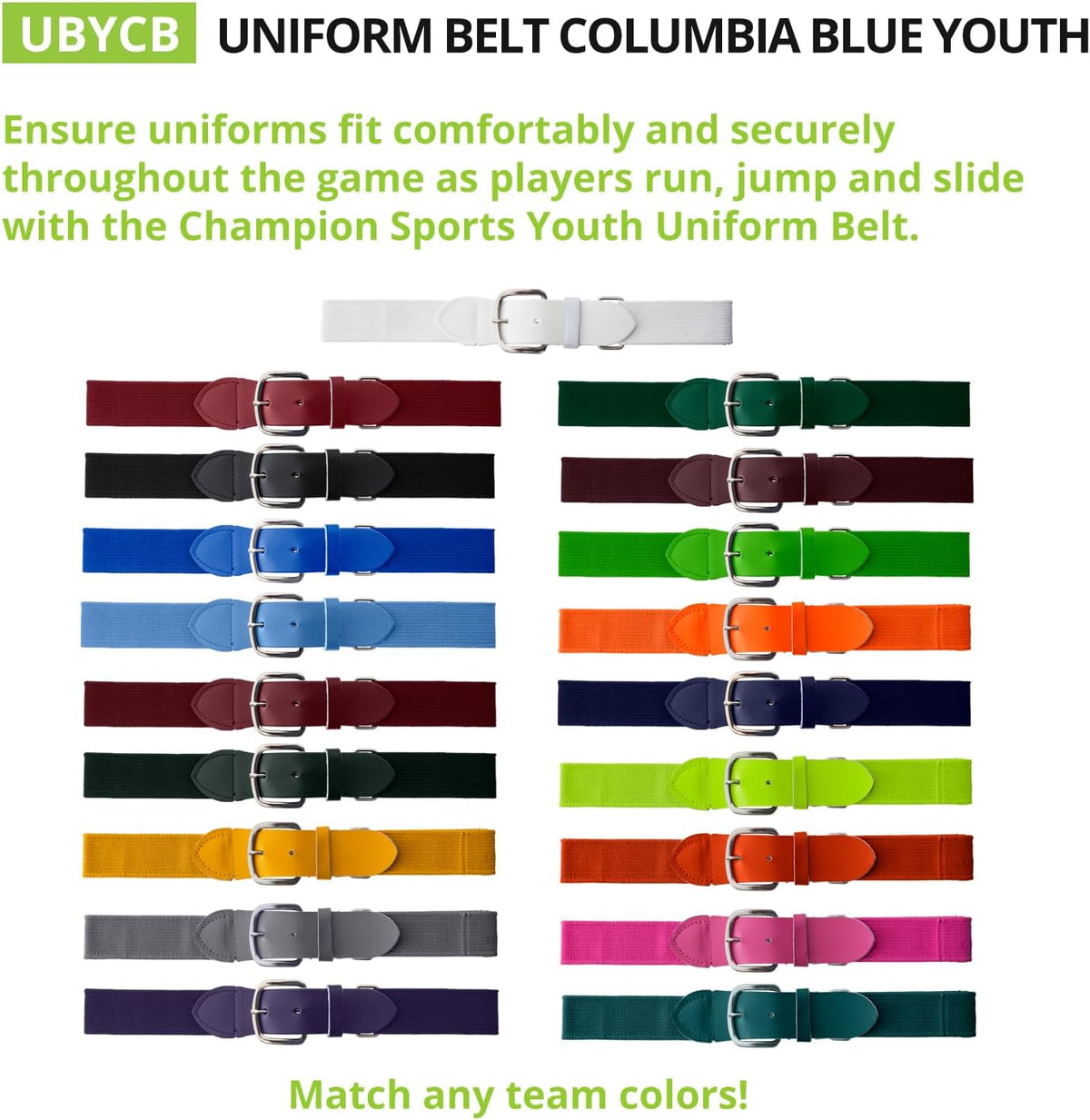 Champion Sports Baseball/Softball Uniform Belt, Comfort Stretch Fit Durable Syntex Tab - Youth &