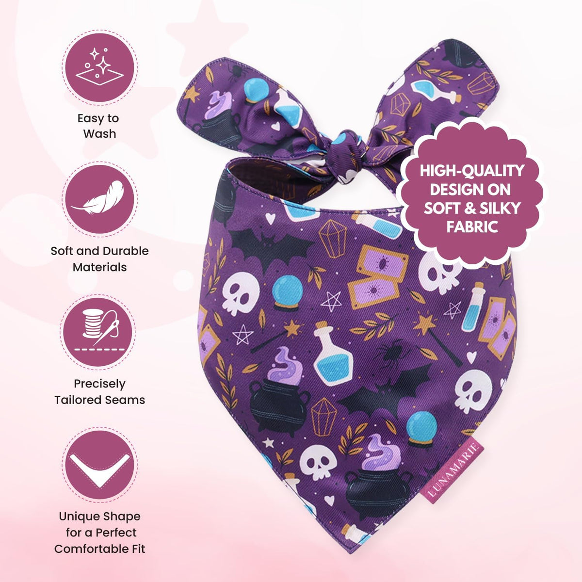 LunaMarie - Luxury Dog Bandanas - Cute Witch Magic Design | Premium & Silky Fabric | 100% Handmade
