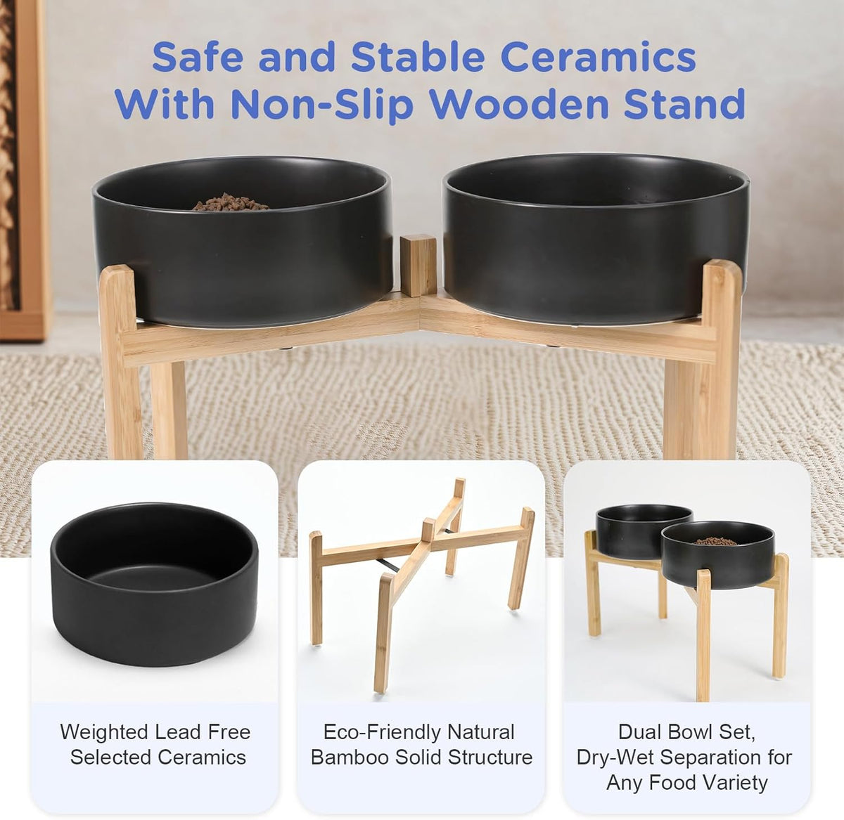 SPUNKYJUNKY Elevated Dog Bowls Ceramic, 8.3'' Dogs Food Water Bowls Raised with Non-Slip Bamboo