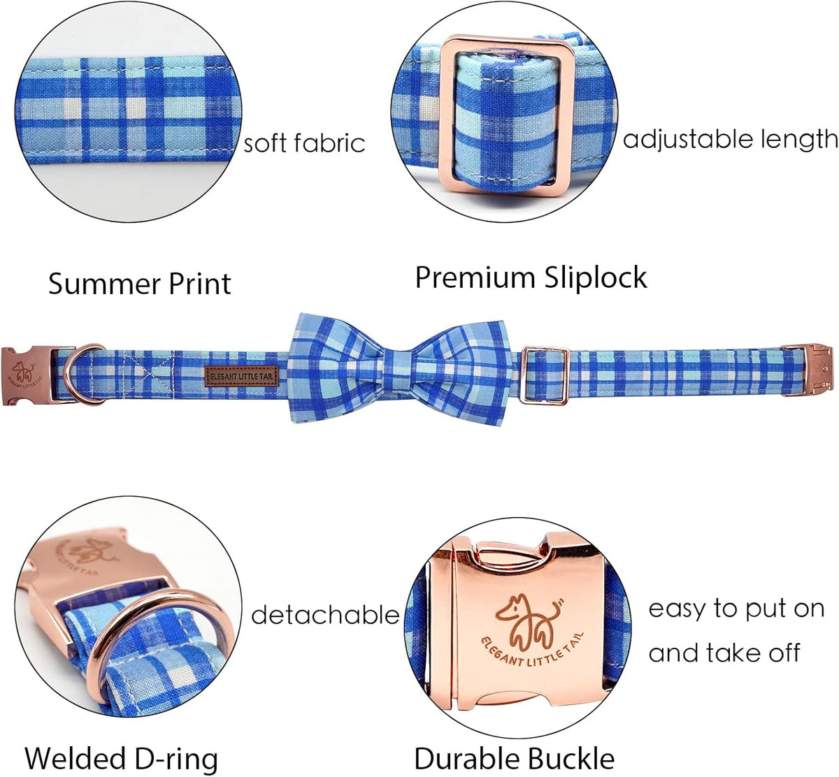 Elegant little tail Dog Collar with Bow - Blue Plaid Boy Dog Collar Cute Bowtie Pet Collar