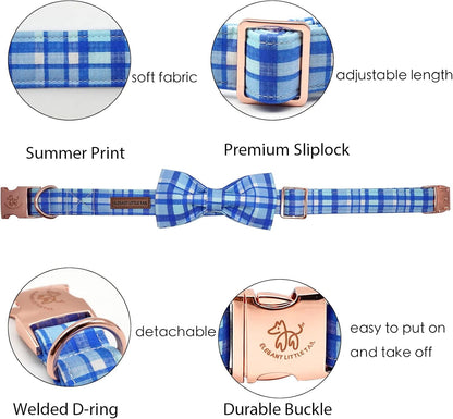 Elegant little tail Dog Collar with Bow - Blue Plaid Boy Dog Collar Cute Bowtie Pet Collar
