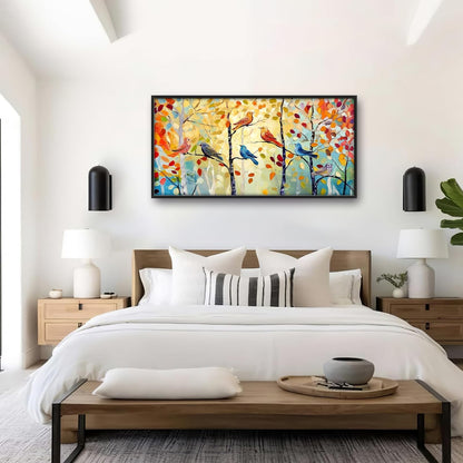Extra Large Framed Abstract Bird Forest Wall Art,Colorful Birds Birch Tree Wall Decor Pictures for