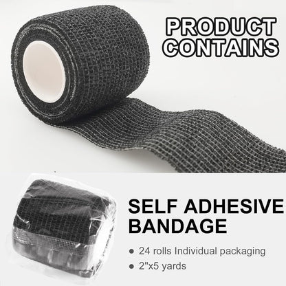 24 Pack Self Adhesive Bandage Wrap, 2” x 5 Yards Elastic Cohesive Bandage Wrap Black Athletic Tape
