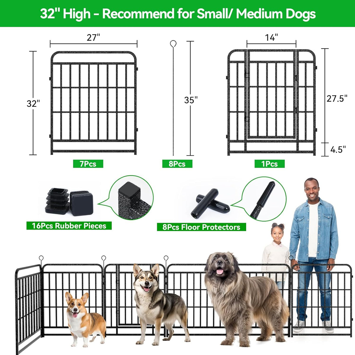 Dog Playpen Outdoor 8 Panels Heavy Duty Dog Fence 32" Height with Thick Pipe Anti-Rust with Doors