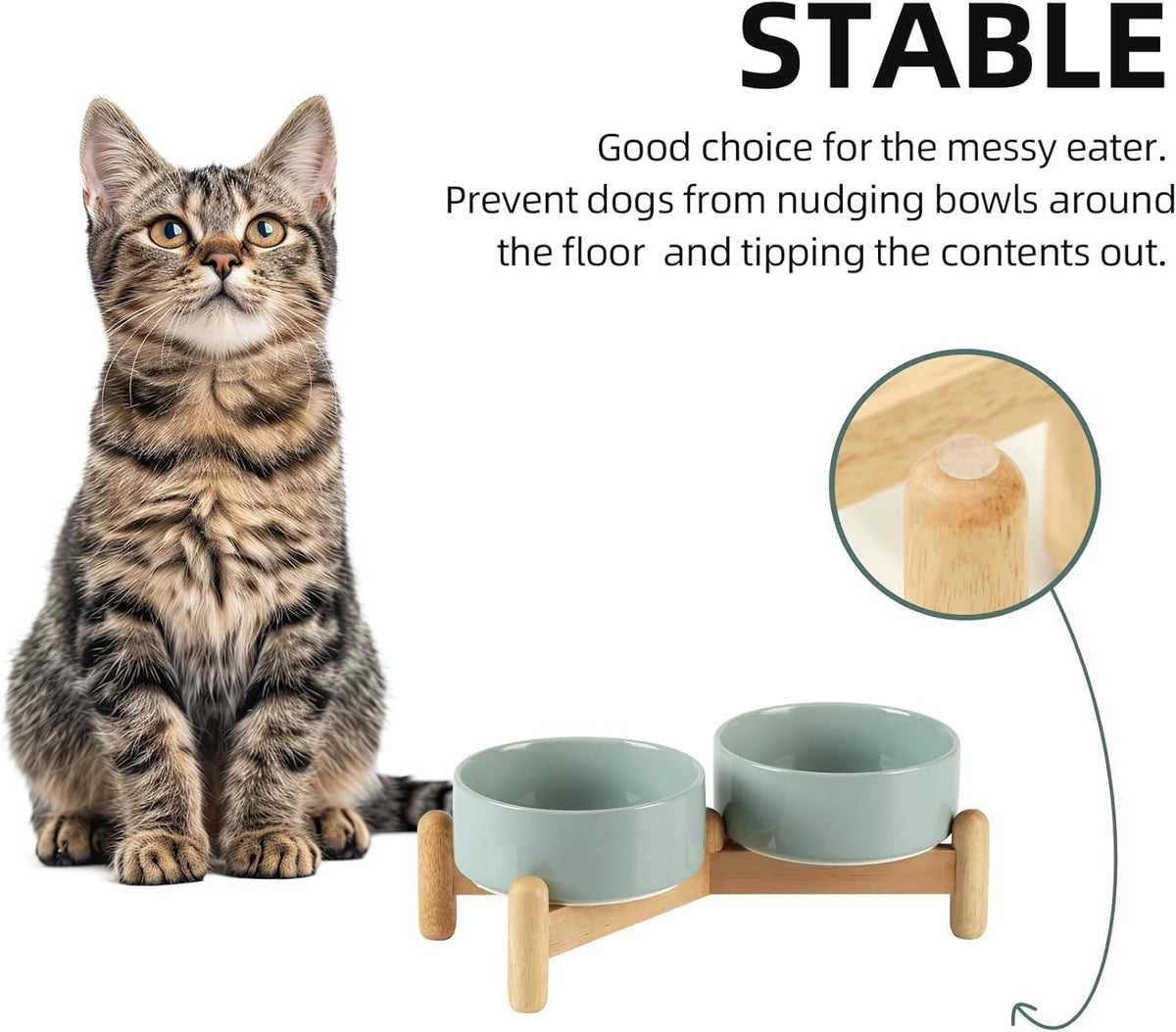 Ceramic 5.1inch Raised Double Bowls Set with Wooden Stand, Elevated Food & Water Bowls for Small