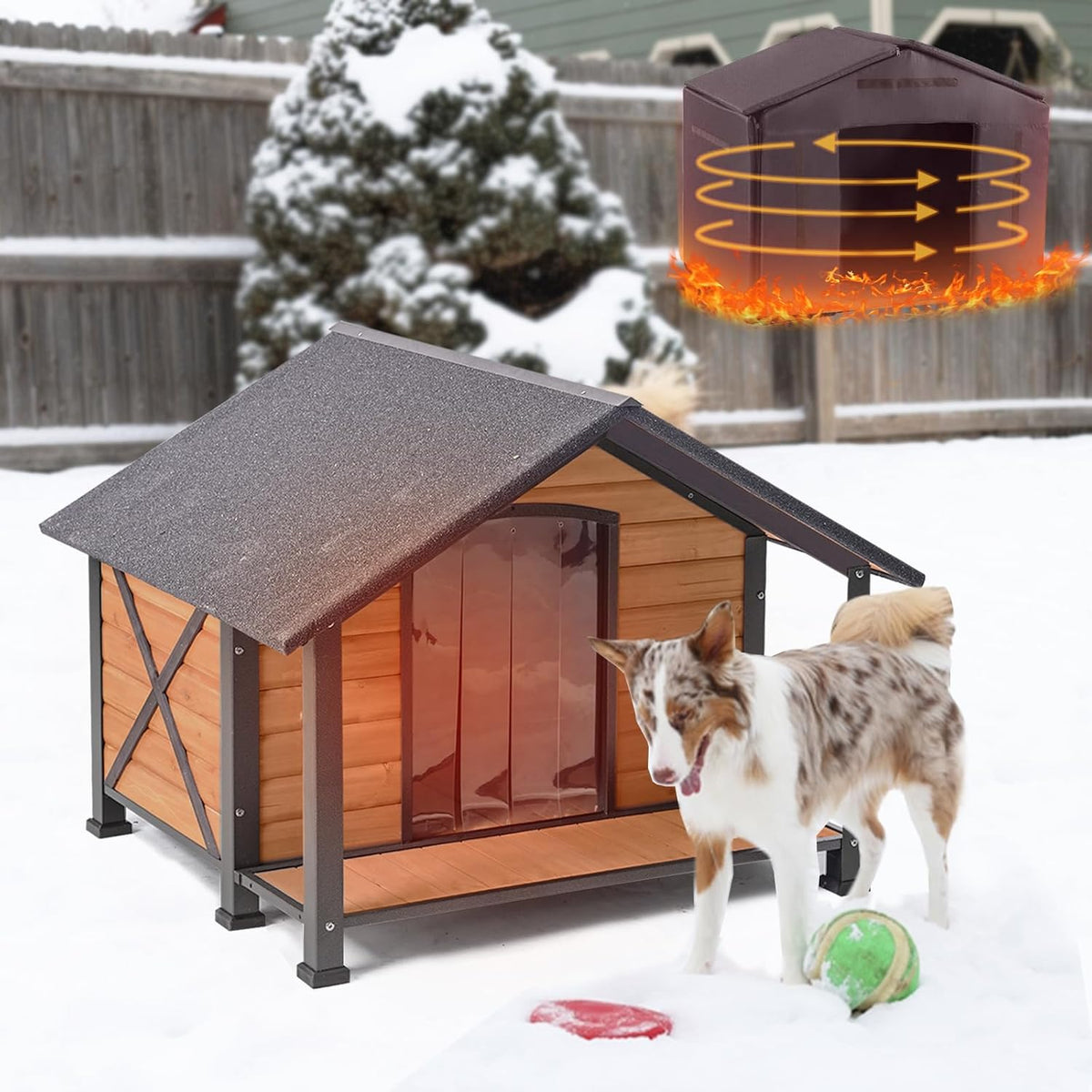 Outdoor Dog House,Weatherproof Wooden Dog Shelter for Medium and Large Sized Dogs,Iron Frame Indoor