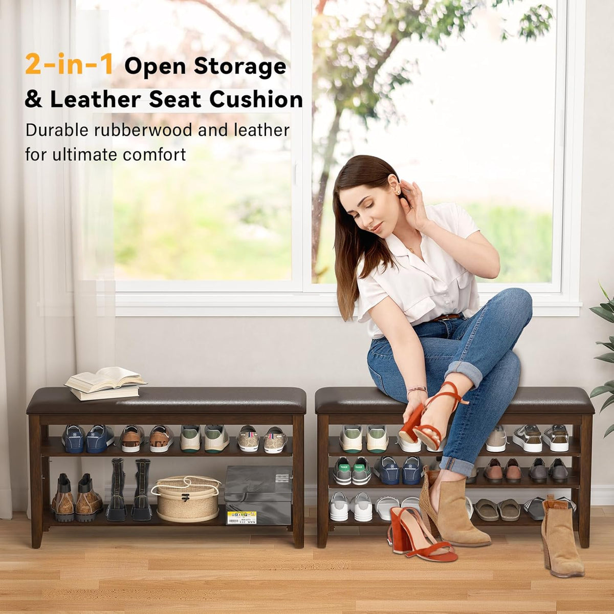Shoe Bench Storage Rubberwood with Leather Cushion for Entryway Bench Ideal for Hallways Shoe Rack