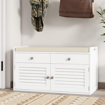 Shoe Storage Bench with 2 Drawers & 2 Doors, Entryway Bench with Cushion, 2 Adjustable Shelves