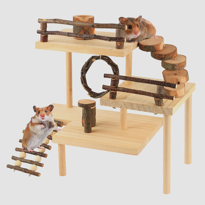 HOSUKKO Hamster Climbing Toys 3-Tier Extra Large Hamster Playground Natural Wooden Small Animal