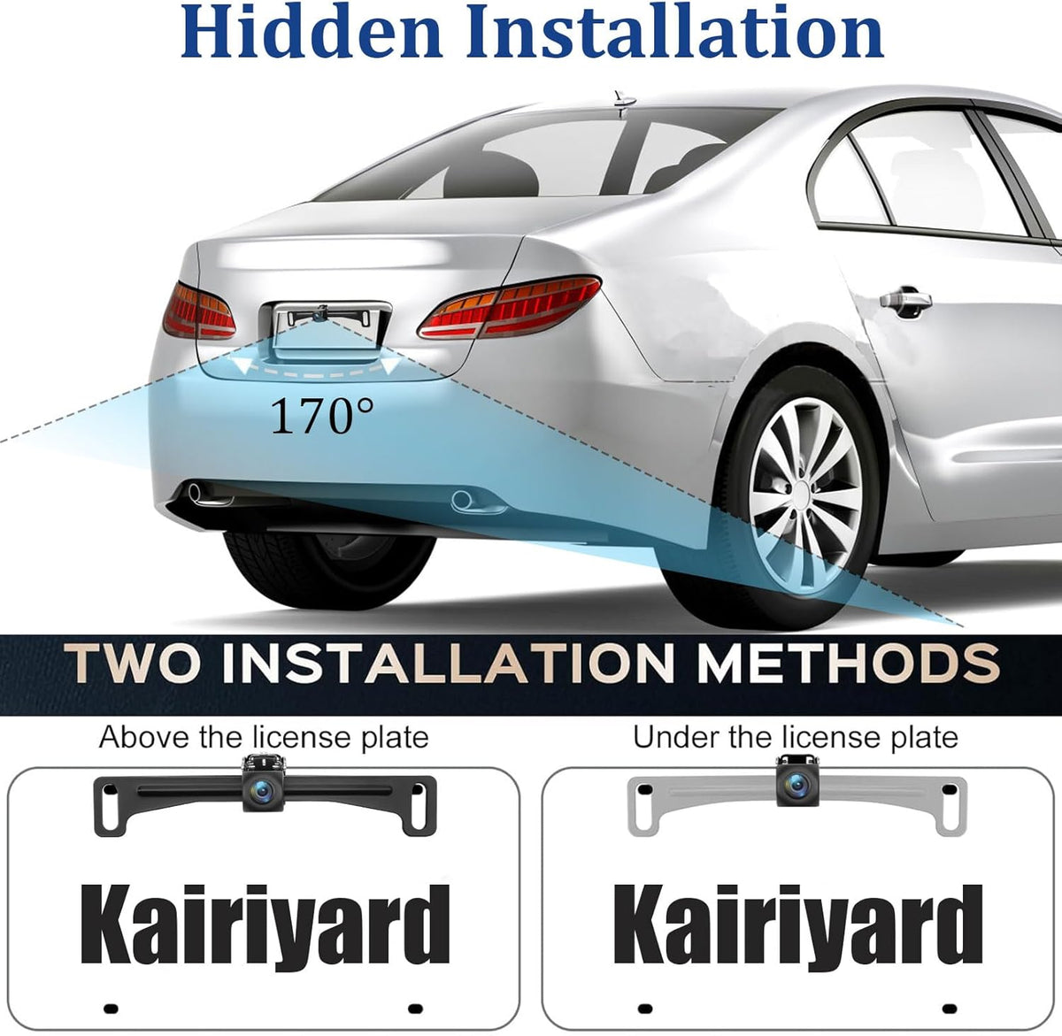 Kairiyard License Plate Backup Camera with 5in Monitor, 170 Degree Wide Angle DIY Grid Lines