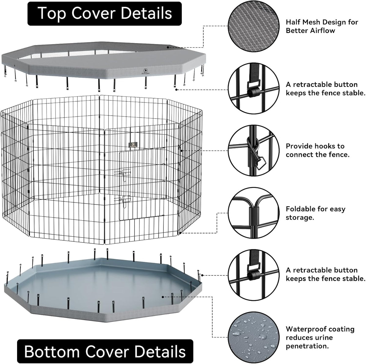 PJYuCien Dog Playpen, 8 Panels 30”H Dog Playpen Indoor with Grey Bottom Pad and Top Cover, Metal