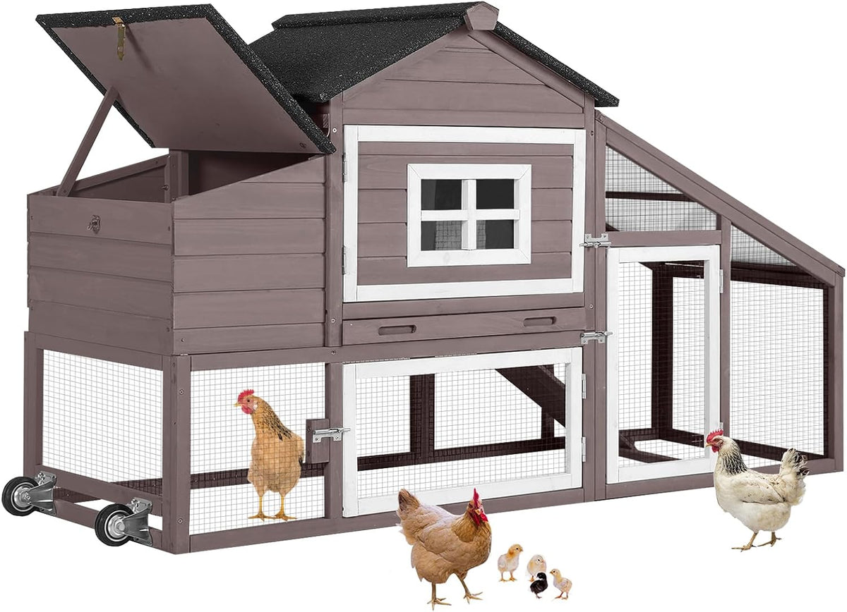 Aivituvin Chicken Coop Outdoor with Wheels, Mobile Hen House Wooden Poultry Cage with Run &