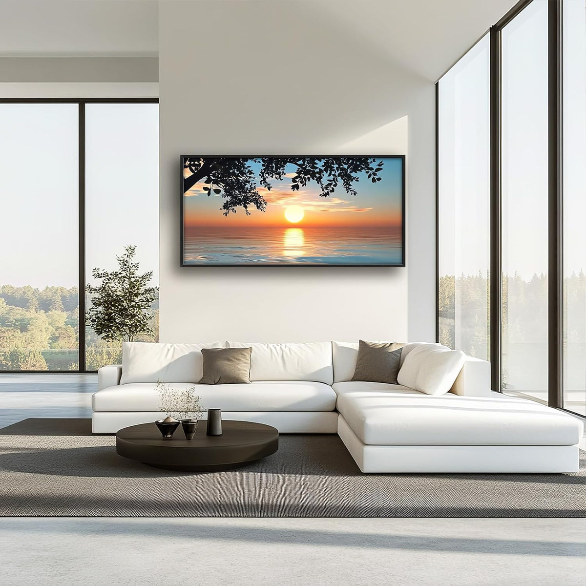 Framed Large Lake Sunset Wall Art, Oversized Natural Landscape Wall Decor for Living Room, Tree