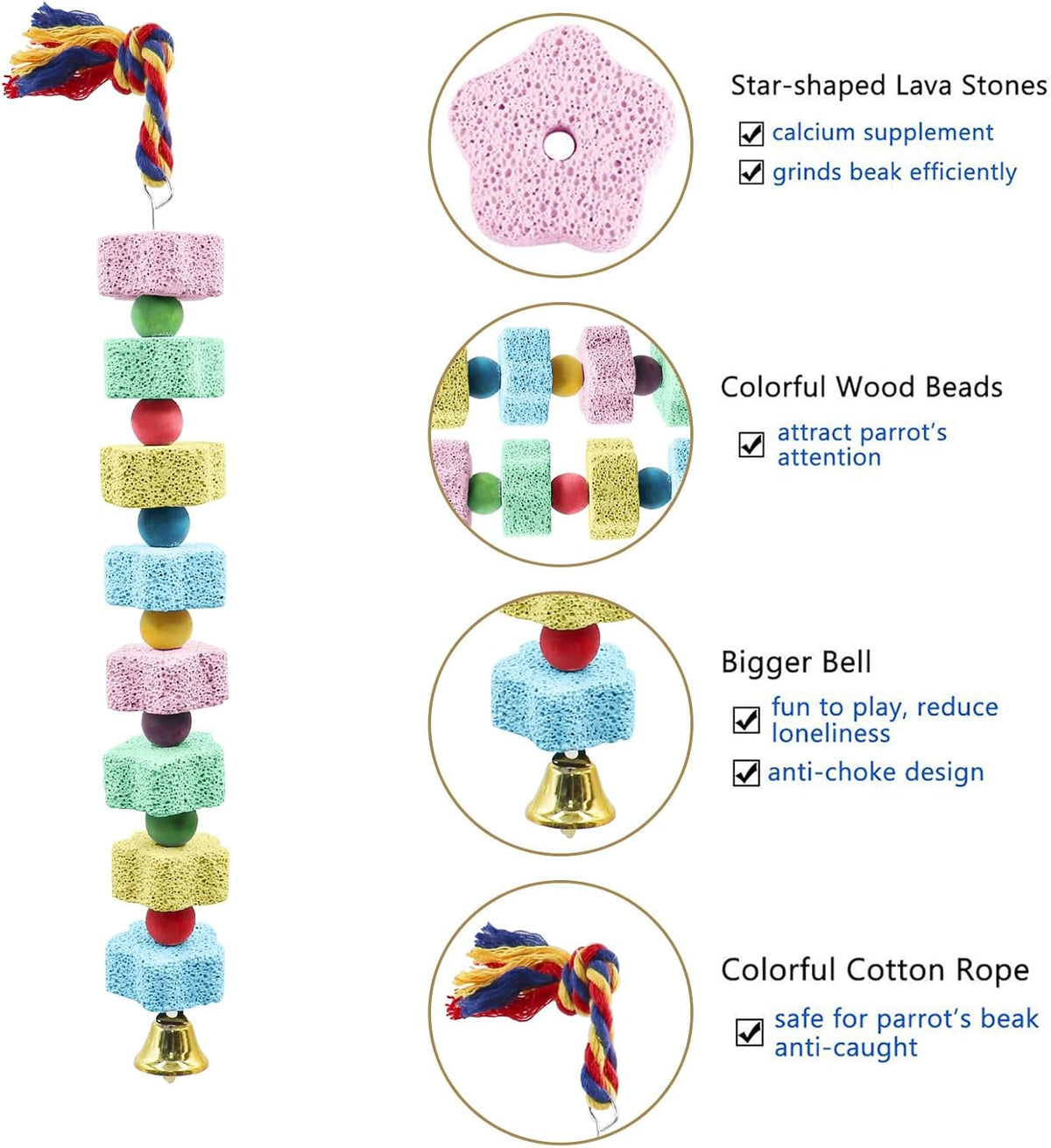 2 Pack Mineral Block Chew Toys with Colorful Beads and a Bell, Bird Beak Grinding Stone, Cage