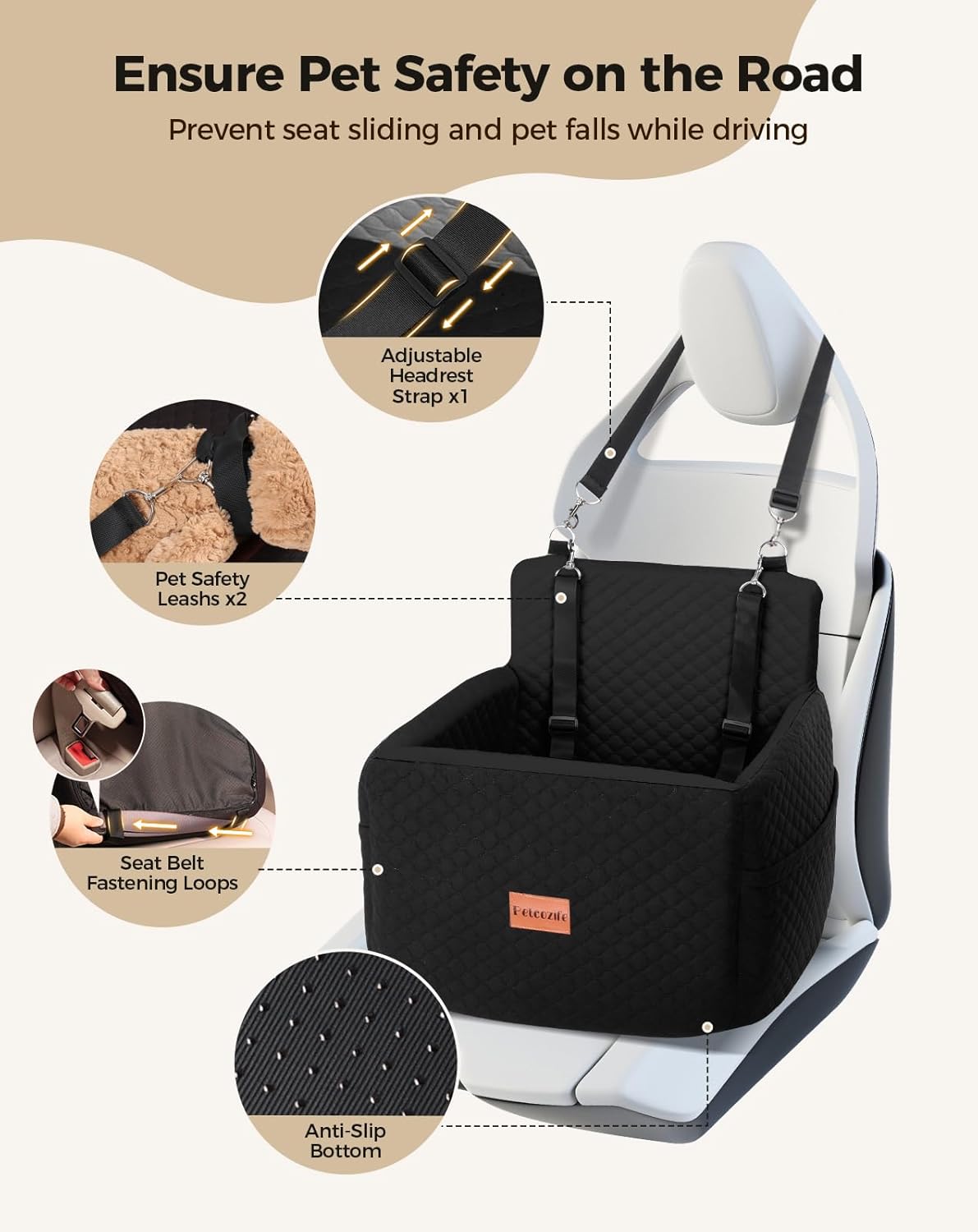 Dog Car Seat for Small & Medium Dogs Under 35lbs, Detachable & Washable Pet Car Seat, Interior