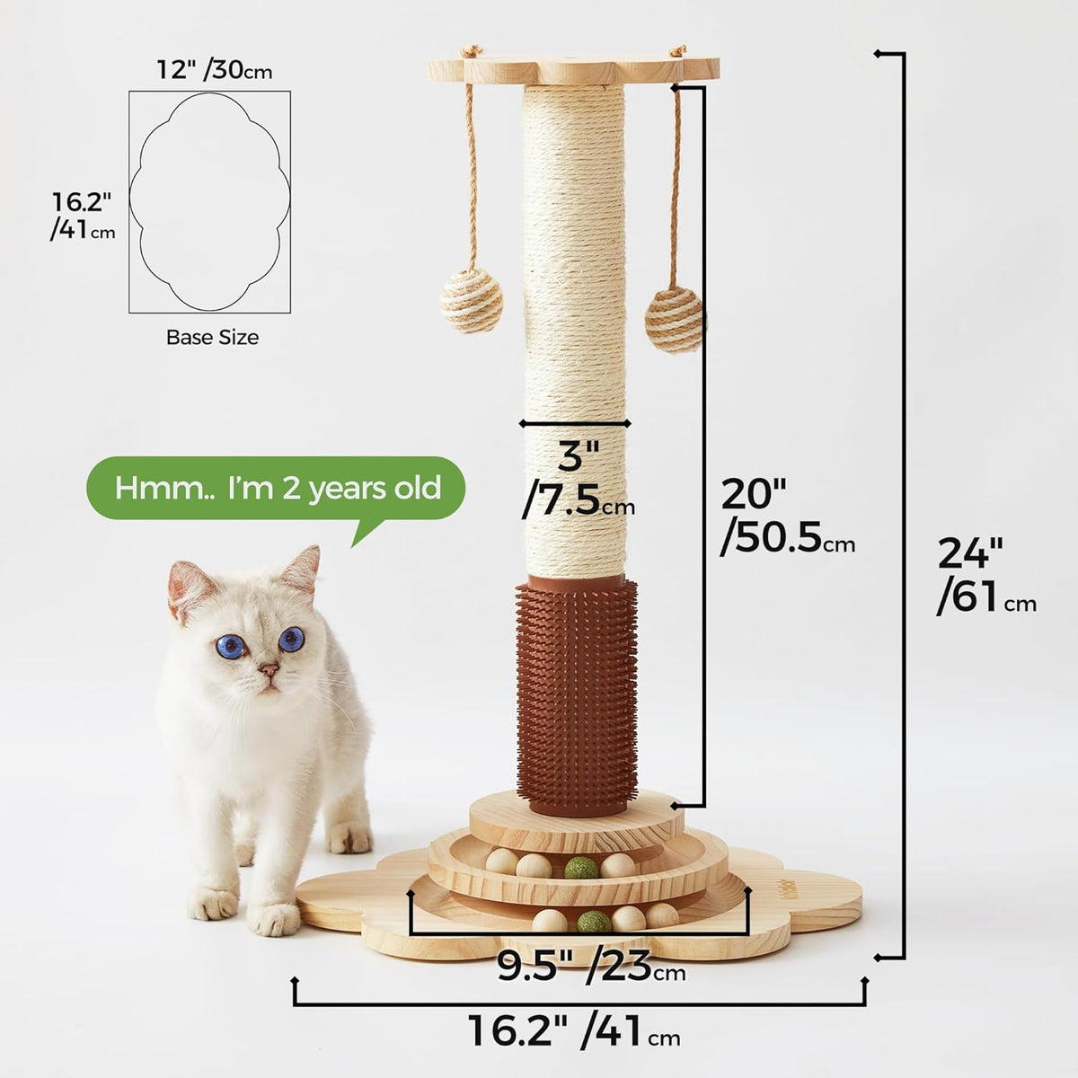 Cat Sisal Scratching Post, 4 in 1 Wooden Cat Scratcher Toy with Groomer, 24" Tall Scratch Post with