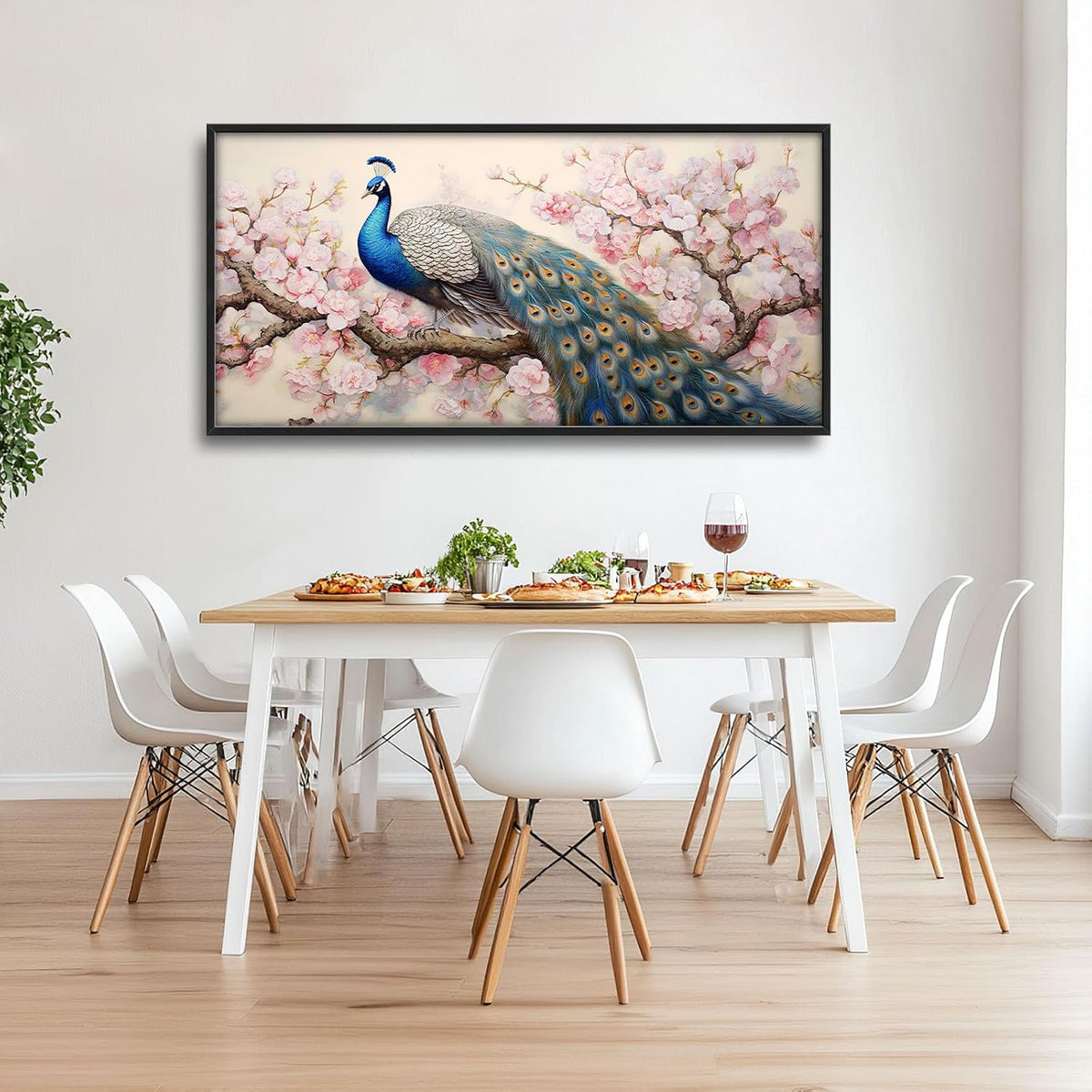 Quorin Peacock Large Wall Art Elegant Peacock Pictures Wall Decor Pink Flower Tree Canvas Print