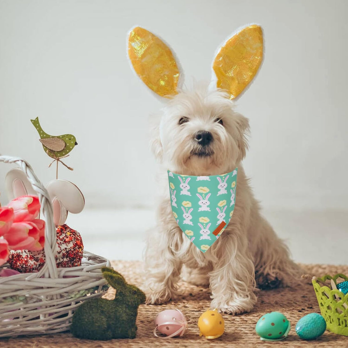 PTDECOR Easter Dog Bandana, Green and Yellow Rabbit Carrot Reversible Holiday Dog Scarf, Multi