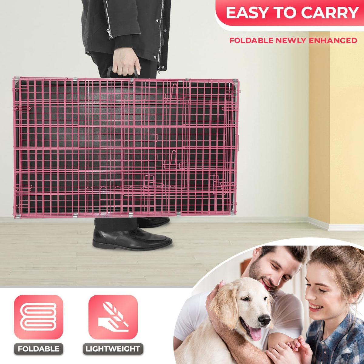 FDW Dog Crate for Large Dogs 48 Inch Folding Metal WirePet Cage Double Door W/Divider Panel Indoor