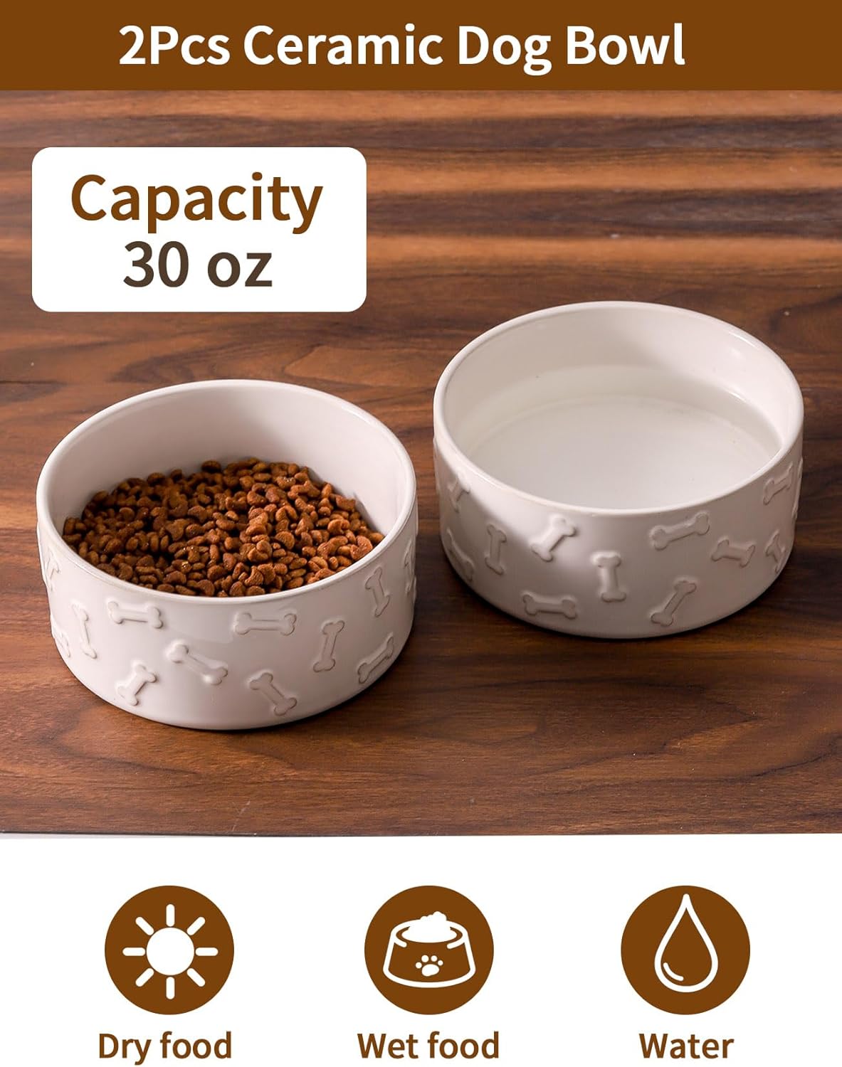 UBEE Ceramic Dog Food Bowl Set of 2, 6.1 inch Dog Bowls Dish with Bone Pattern, Pet Food Water Dish