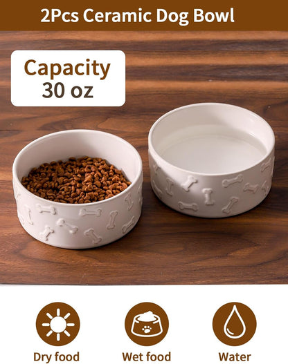 UBEE Ceramic Dog Food Bowl Set of 2, 6.1 inch Dog Bowls Dish with Bone Pattern, Pet Food Water Dish