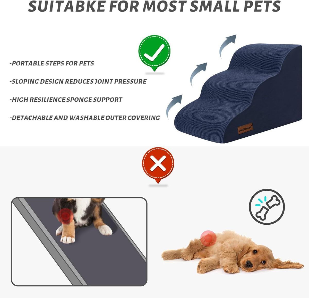 Dog Stairs and Steps for Beds Or Couches, 3-Step Pet Stairs & Steps for Small Dogs and Cats, Soft