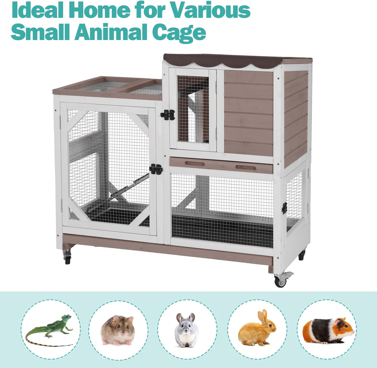 Rabbit Hutch Indoor for 2-4 Rabbits & Guinea Pigs，Bunny Cage with Slide-Out Plastic Trays，Wooden